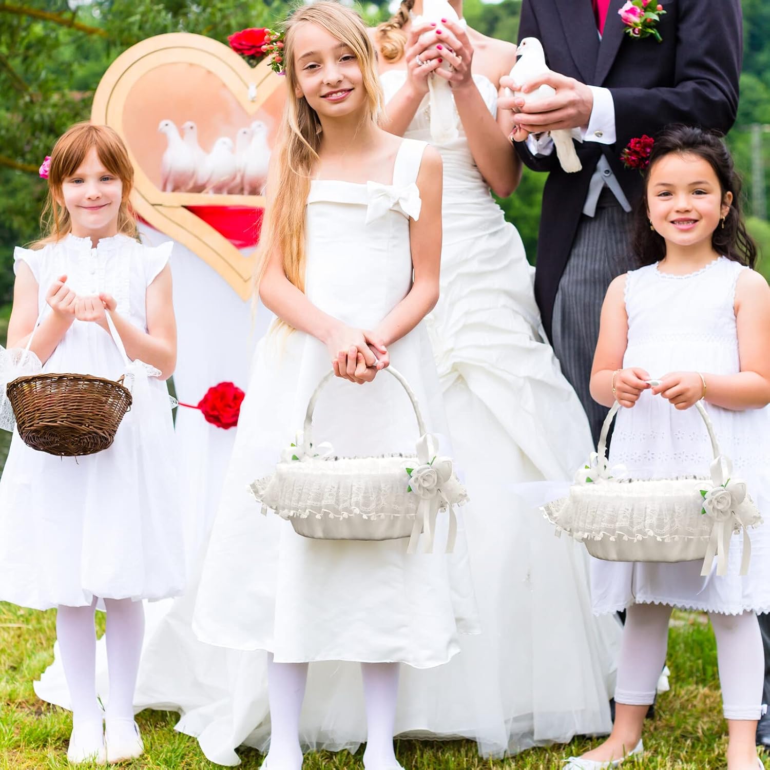 IUIBMI White Flower Girl Baskets Set of 2 with Swing Handle