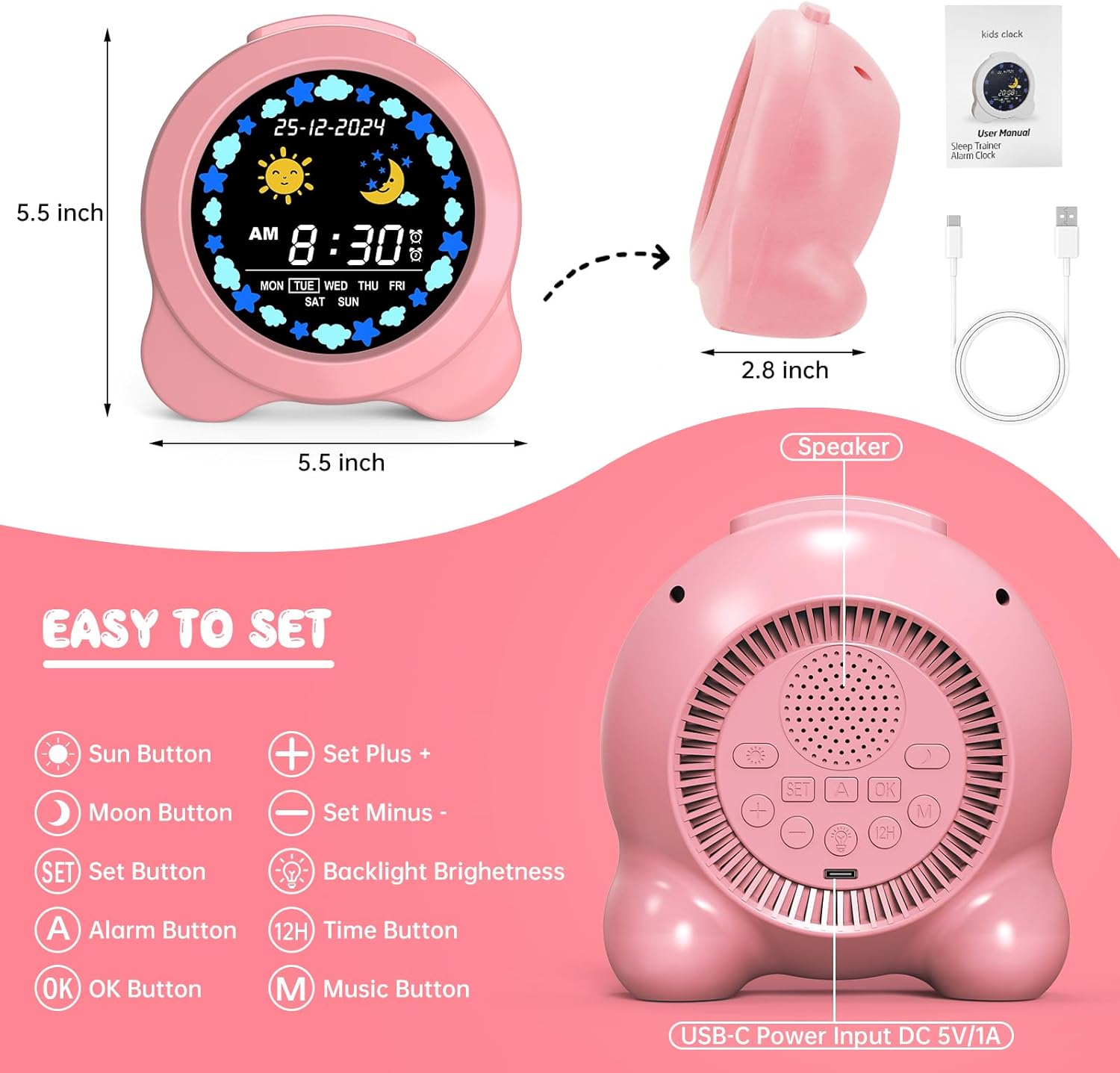 Kids Alarm Clock with Sun Moon LED Display and Sleep Sounds