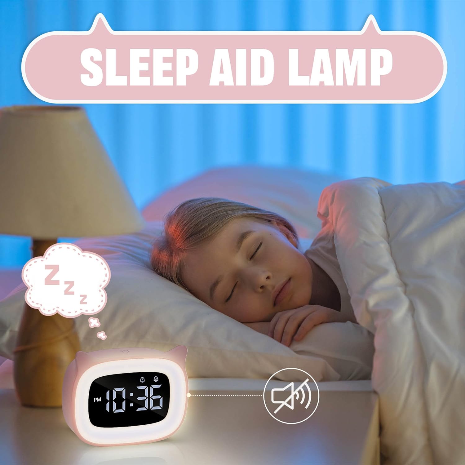 Pink Cat Alarm Clock with Night Light for Kids