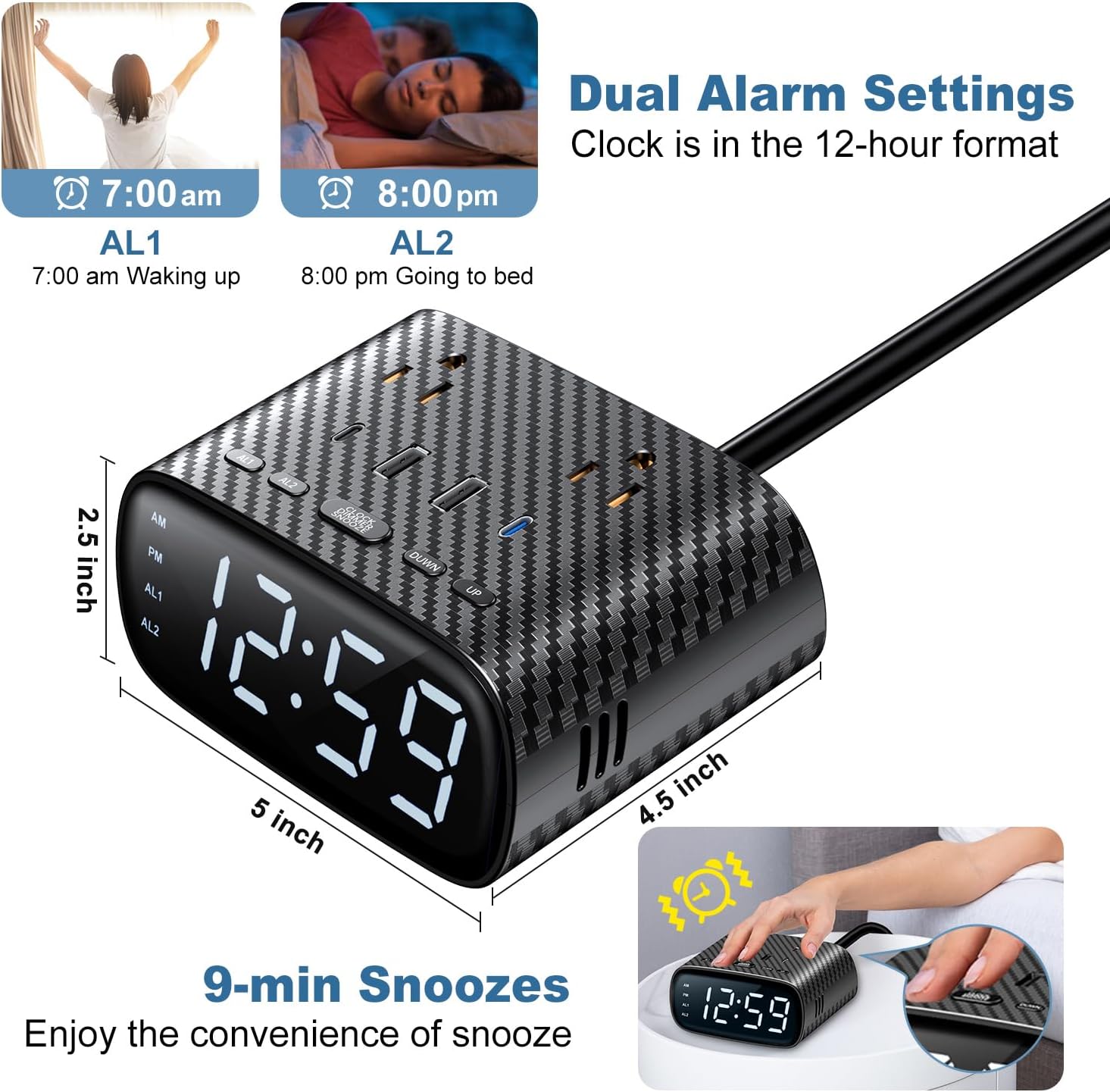 Sussex Dual Alarm Clock with 6 Charging Ports and 2 Outlets
