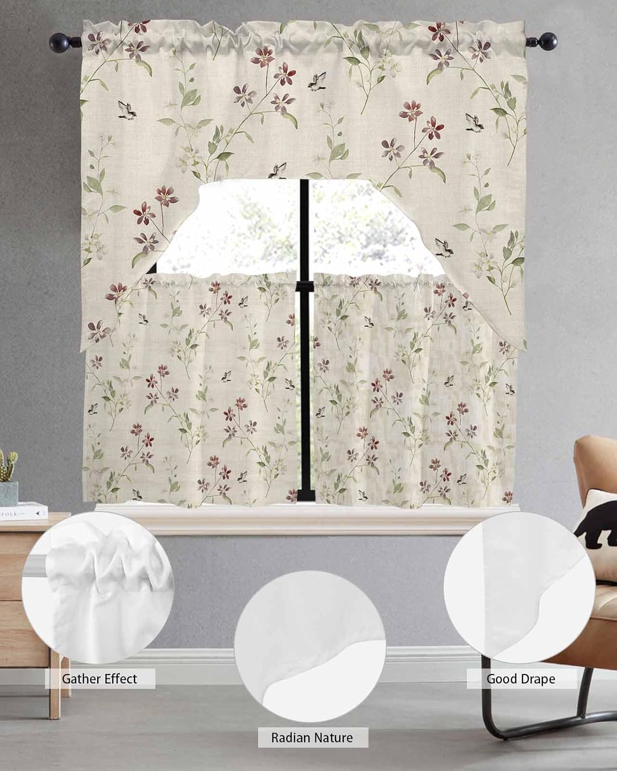Flower Leaves Kitchen Curtain Set with Swag and Valance