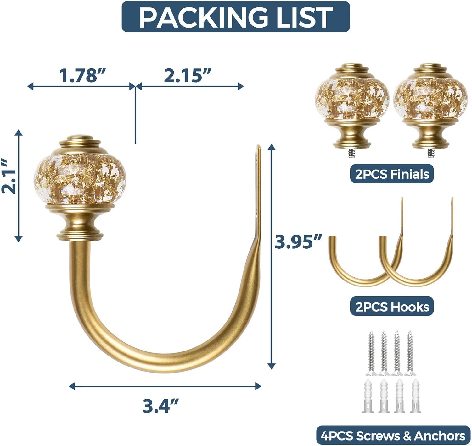 2 Pack Curtain Holdbacks with Gold Translucent Finials