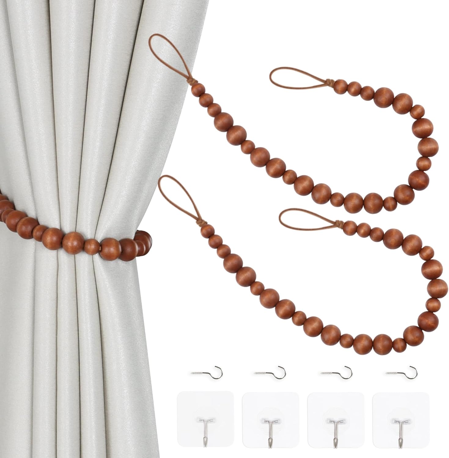 OCIOLI 2 Piece Wood Bead Curtain Tiebacks with Hooks