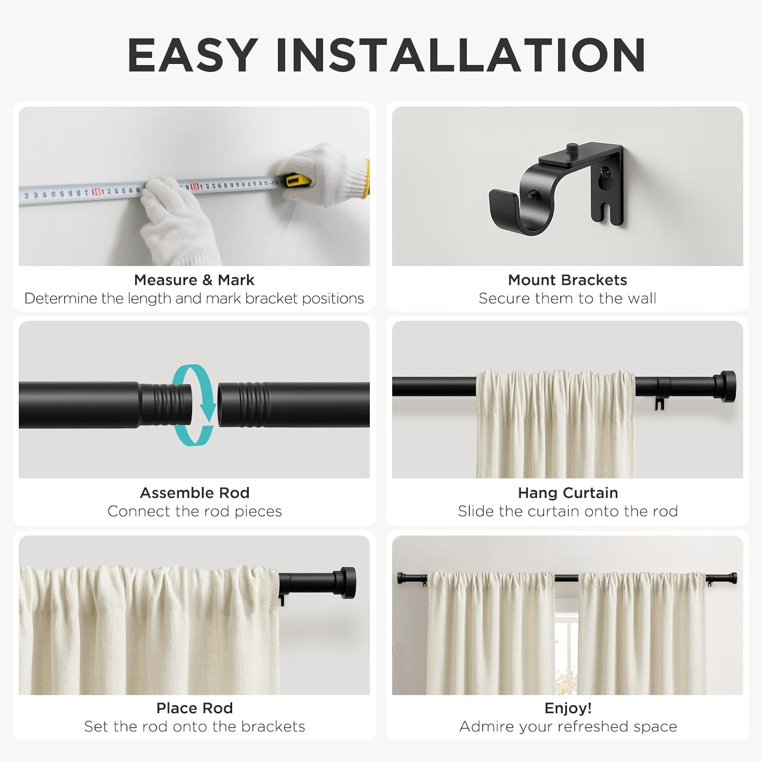 Joydeco Black Curtain Rods for Windows - Adjustable 120 Inch Single Rod Set