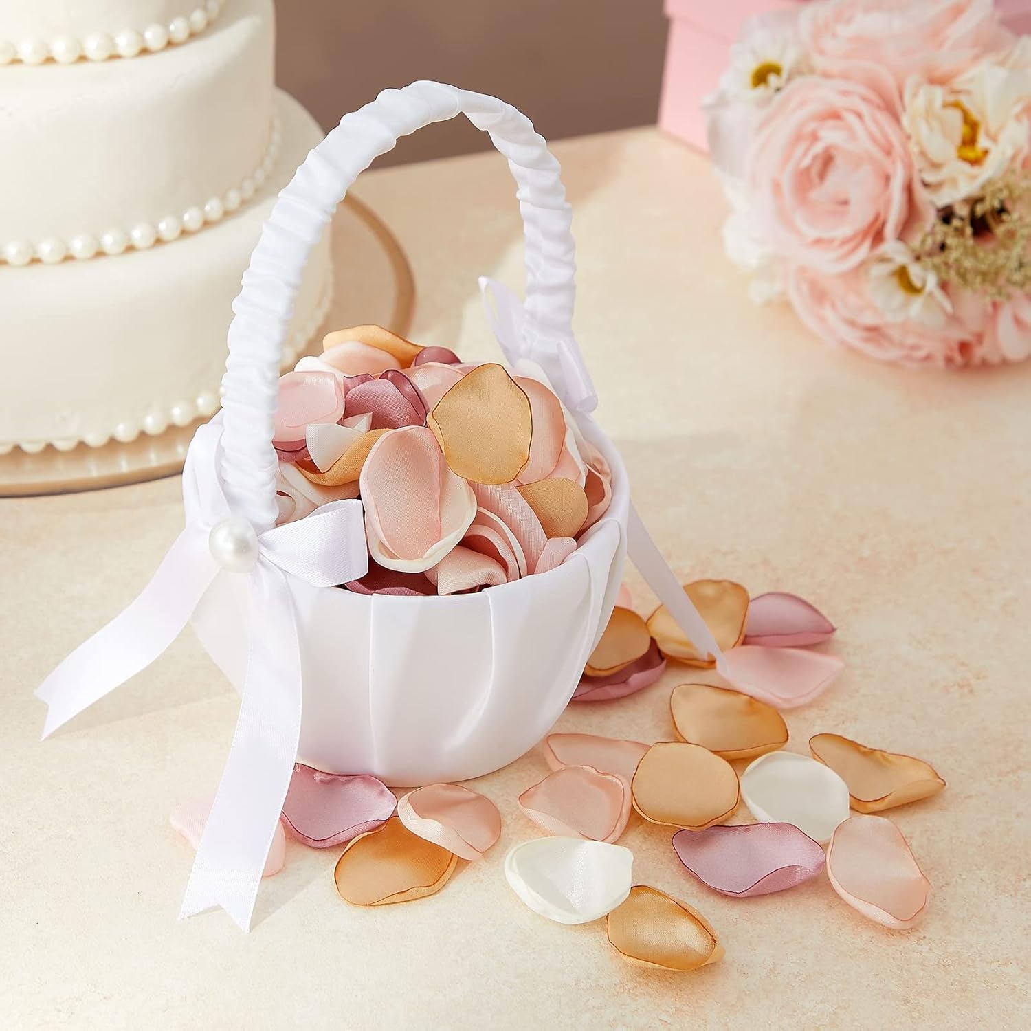 White Flower Girl Basket with Satin Bowknot and Pearl Design