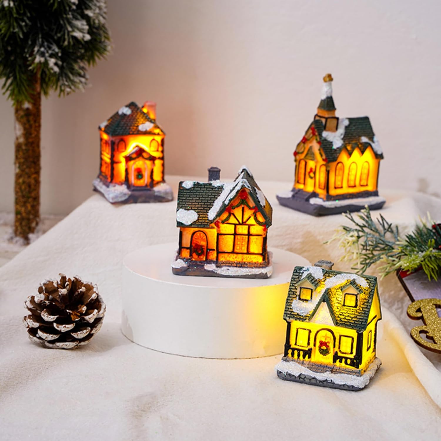 4Pcs Christmas Village Houses Light Up Resin Miniature Decor
