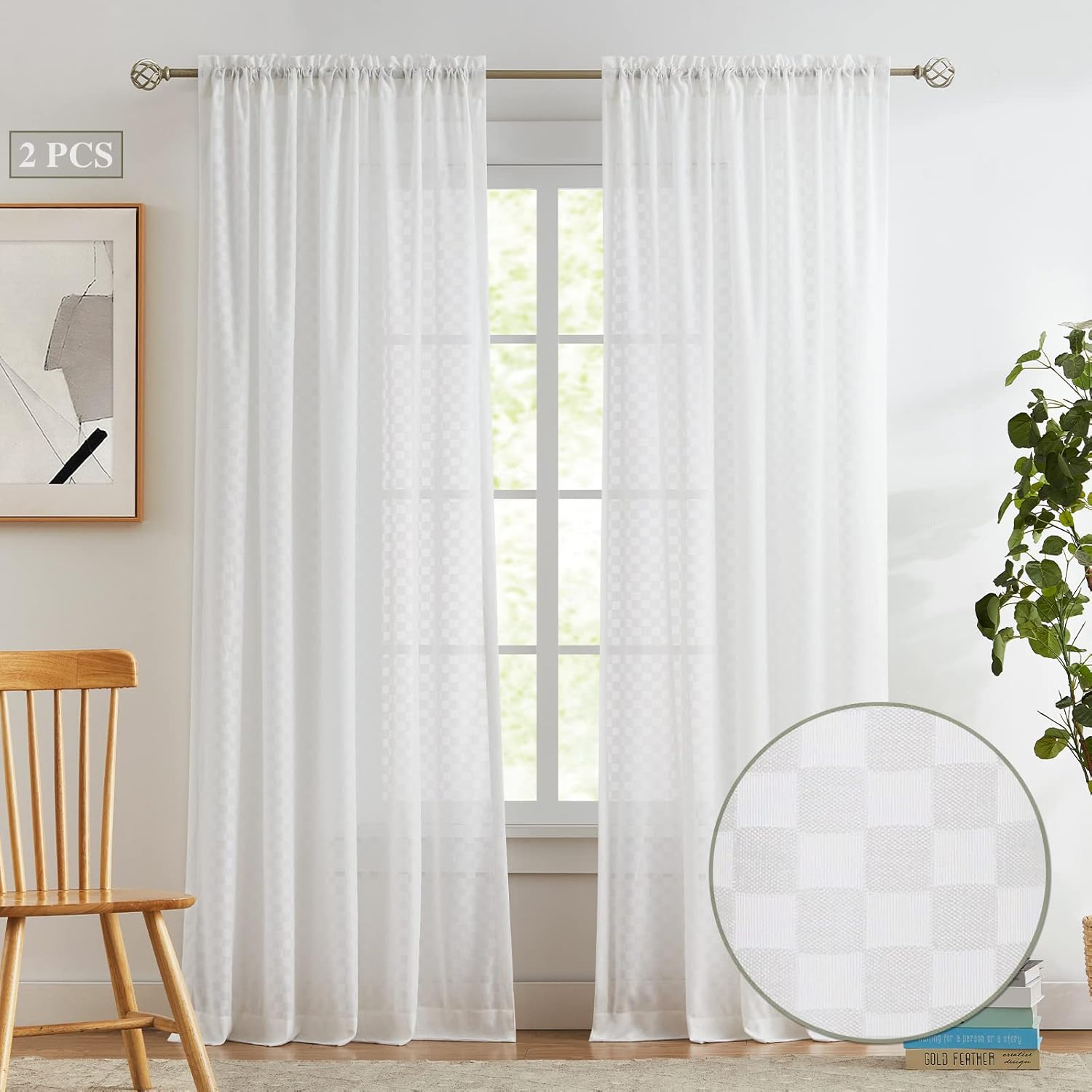 Melodieux Off White Gingham Sheer Curtains 54x54 Inch 2 Panels