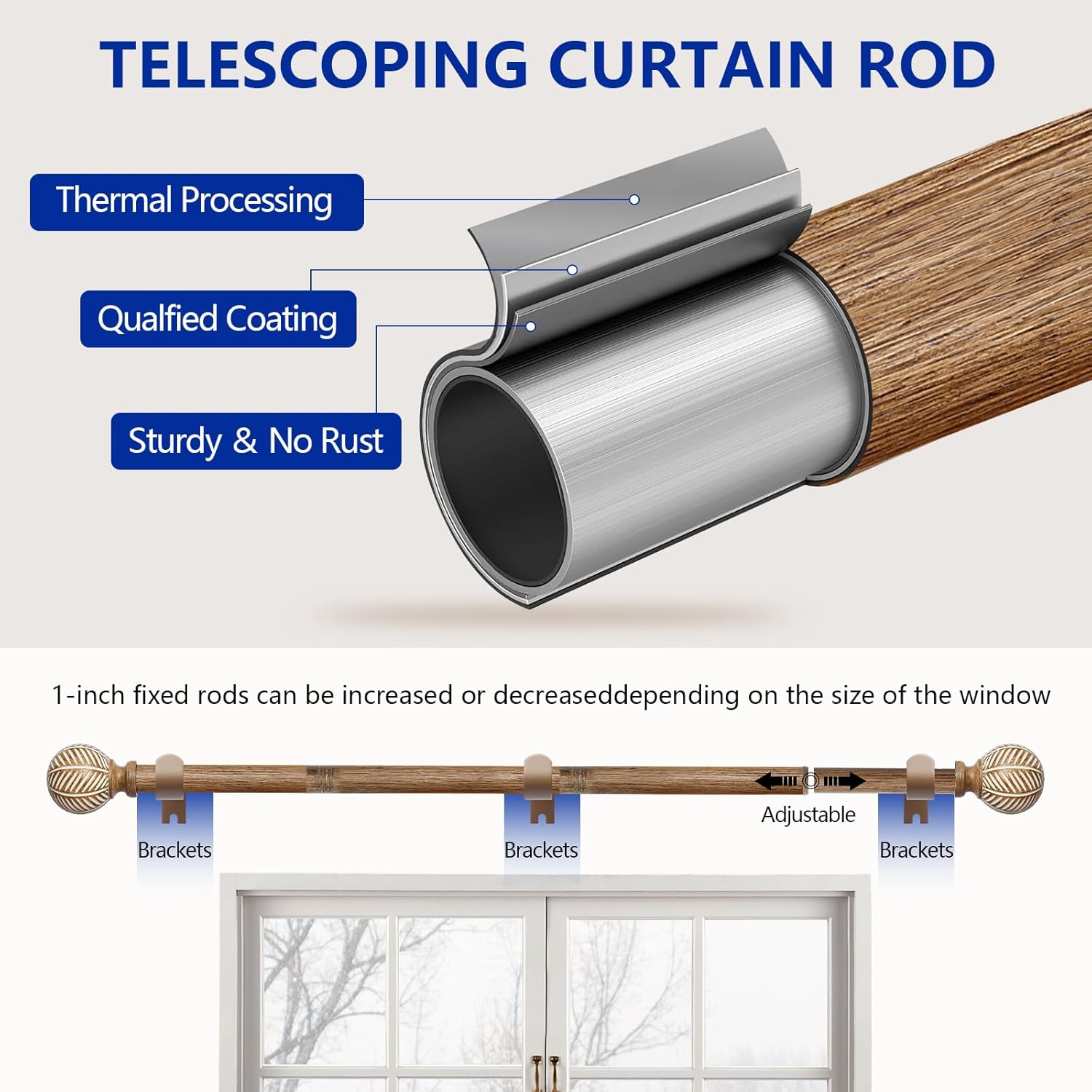 Adjustable Wood Curtain Rods 48-86 Inches Single Rod with Leaf Finials