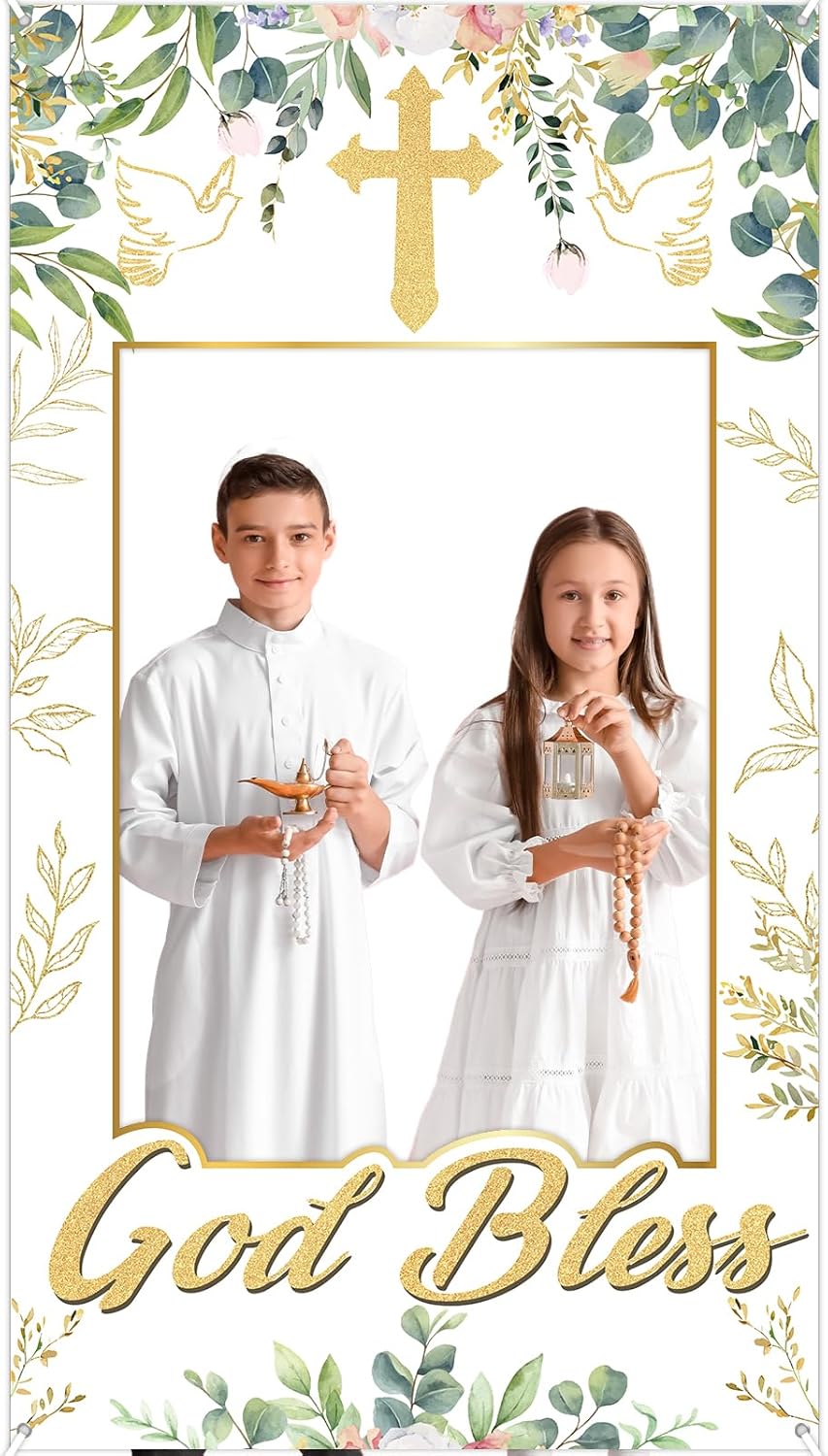 God Bless Baptism Photo Booth Backdrop Greenery Eucalyptus 3x6ft