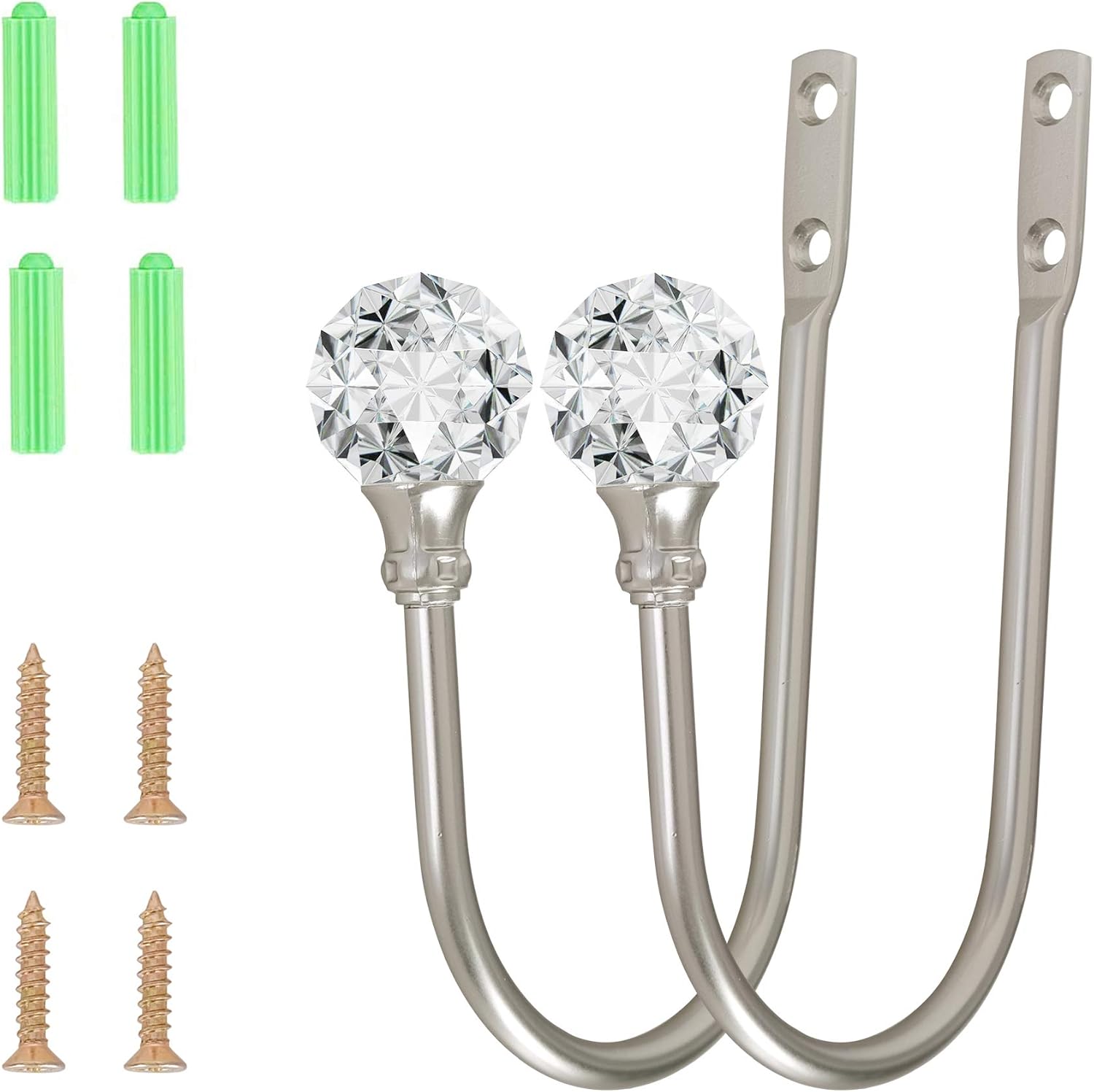 2pcs Curtain Holdback with Clear Crystal Ball Heavy Duty Metal Drapery Holder Hooks