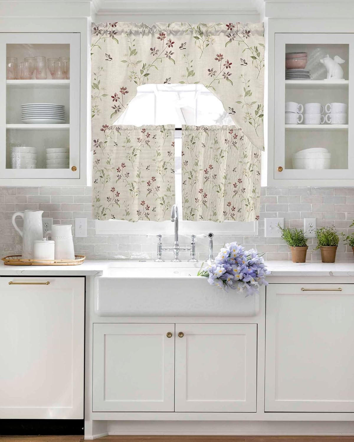Flower Leaves Kitchen Curtain Set with Swag and Valance