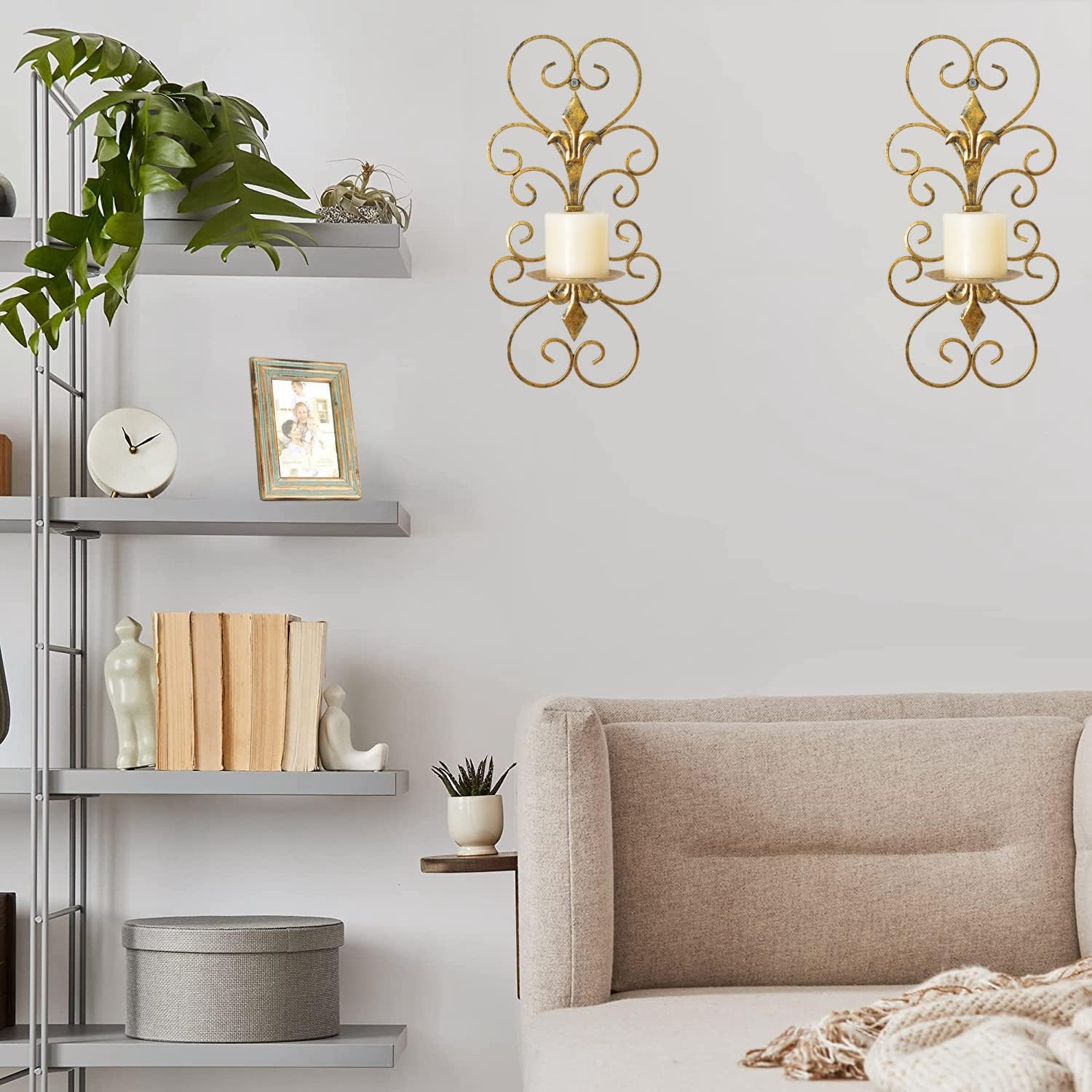 Set of 2 Antique Gold Wall Sconces Candle Holders