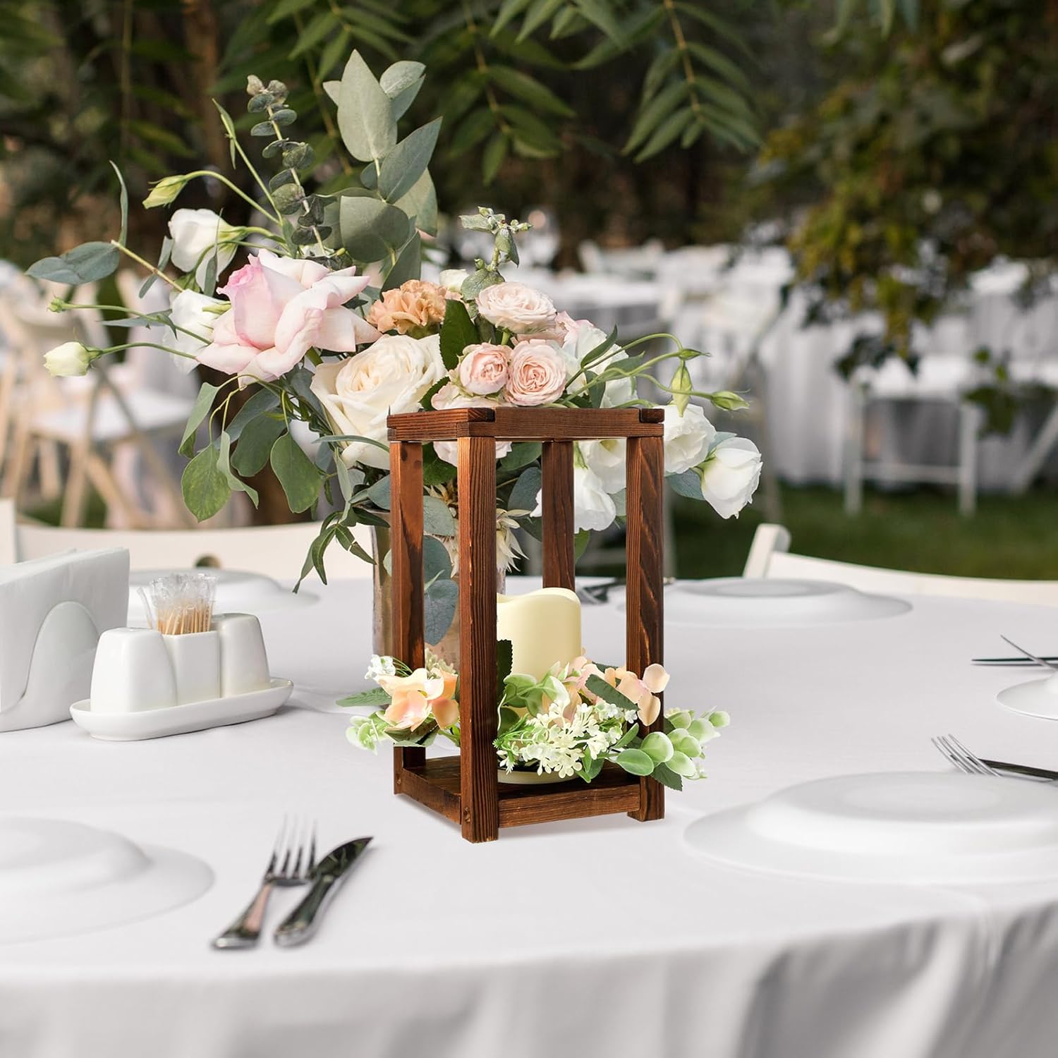 Hushee 30 Pcs Wooden Wedding Lantern Centerpiece with Candles and Wreaths Brown