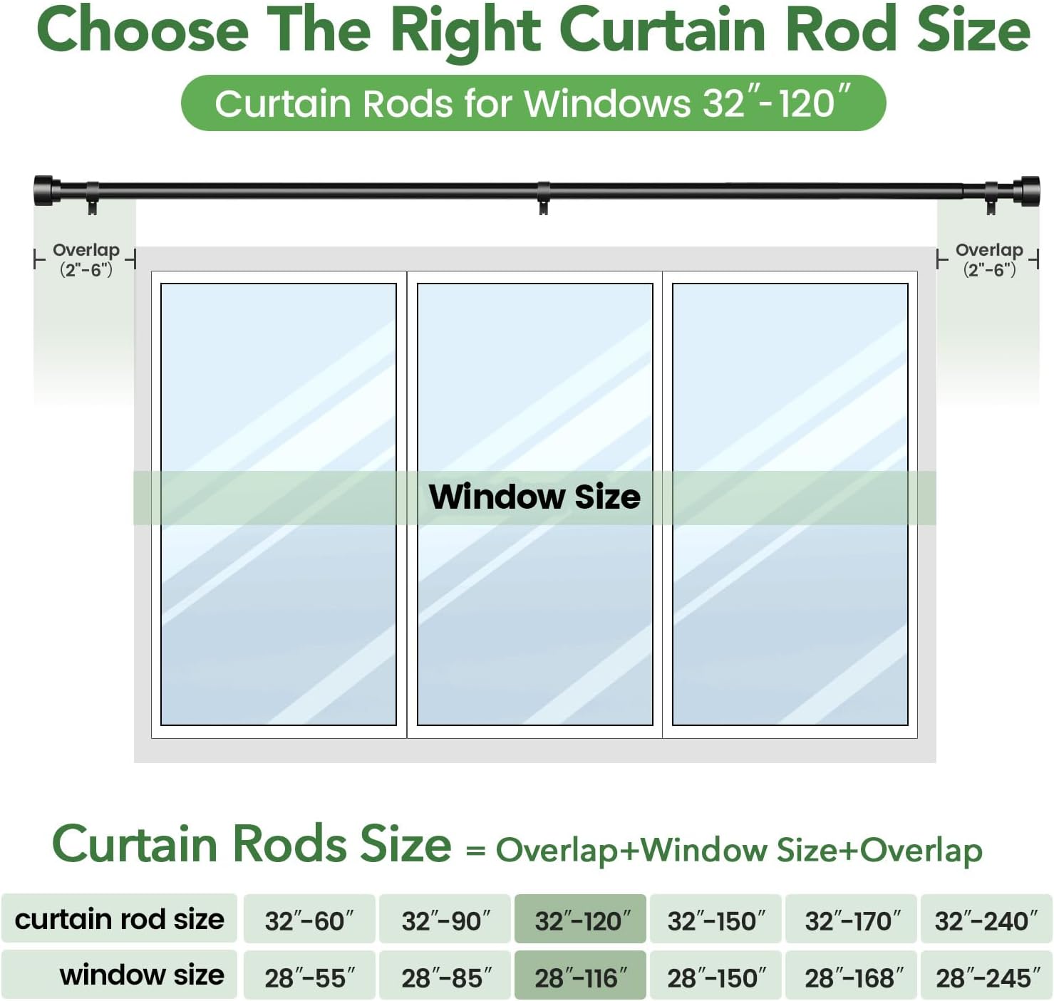 Adjustable Black Curtain Rod for 32-120 Windows