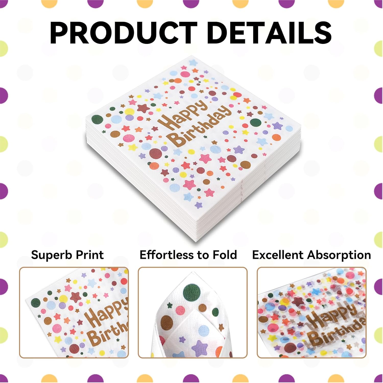 120 Pcs Polka Dot Rainbow Paper Napkins 13x13 Inch Set