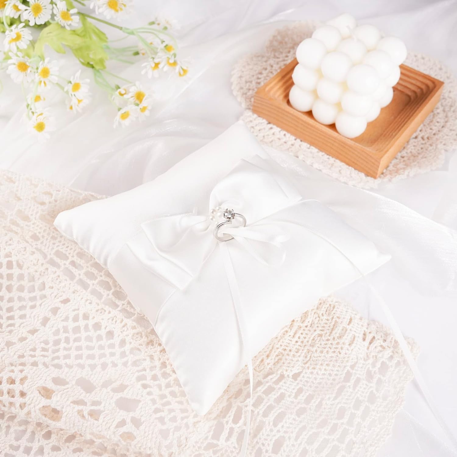 QIRMIZI Wedding Ring Pillow and Flower Girl Basket Set - Butterfly Knot White Satin