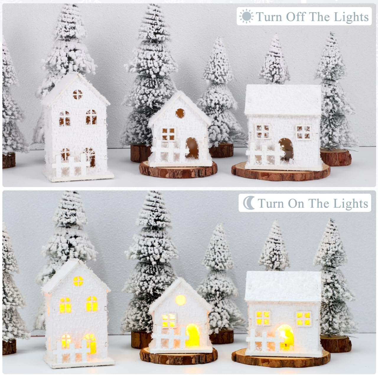 TOYANDONA 3Pcs LED Lighted Wooden Christmas Village Houses