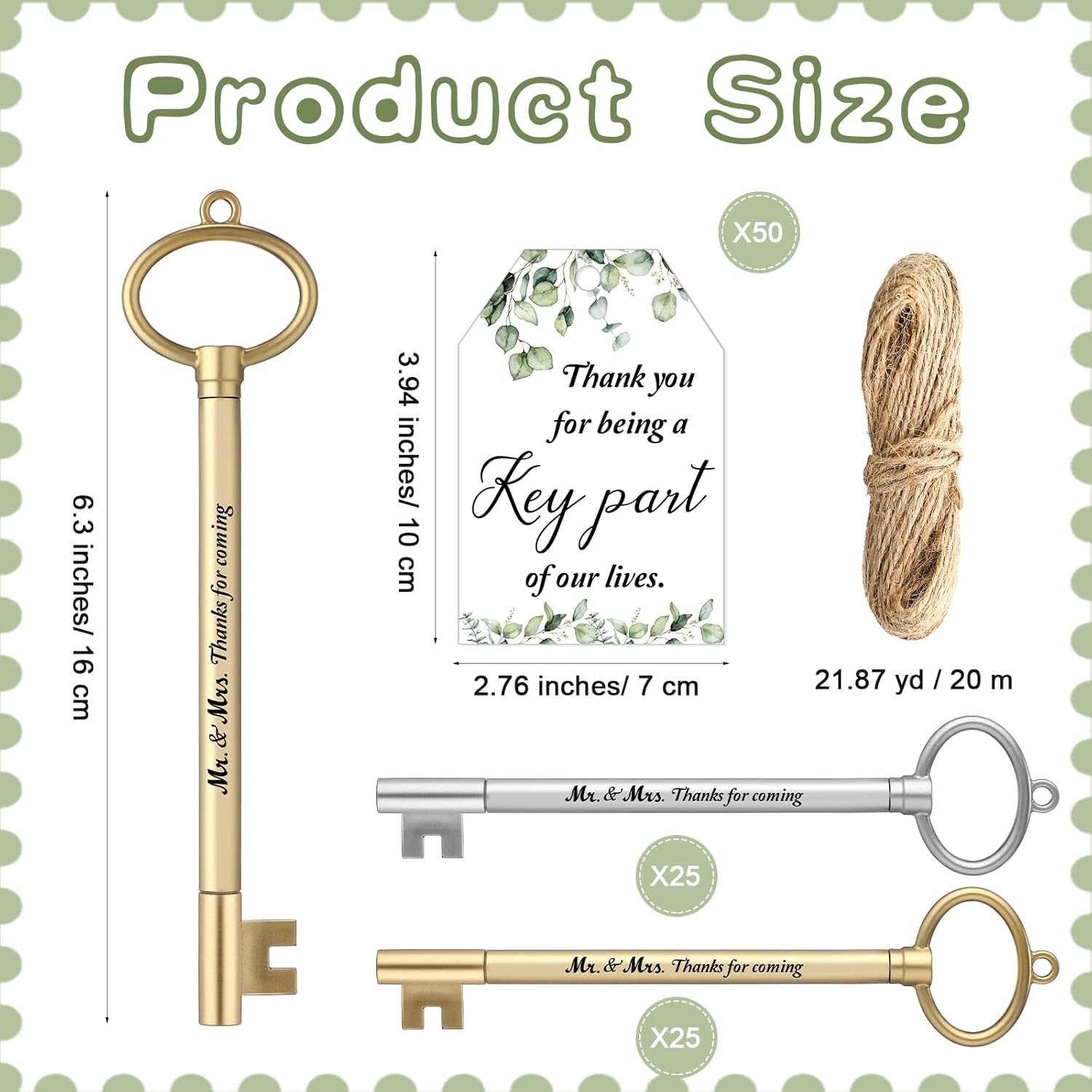Patelai 50 Key Shaped Wedding Pens with Cards and Rope