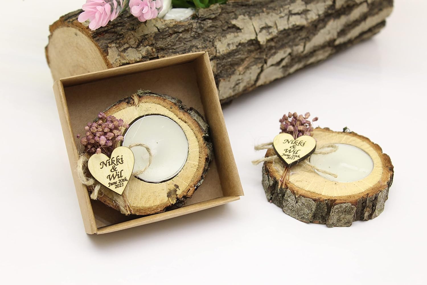 50 Pcs Personalized Log Candle Holders Wedding Favors