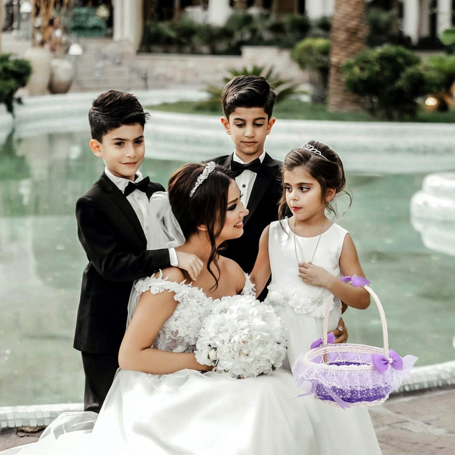 BESTOYARD Purple Flower Girl Basket with Handle and Bowknot