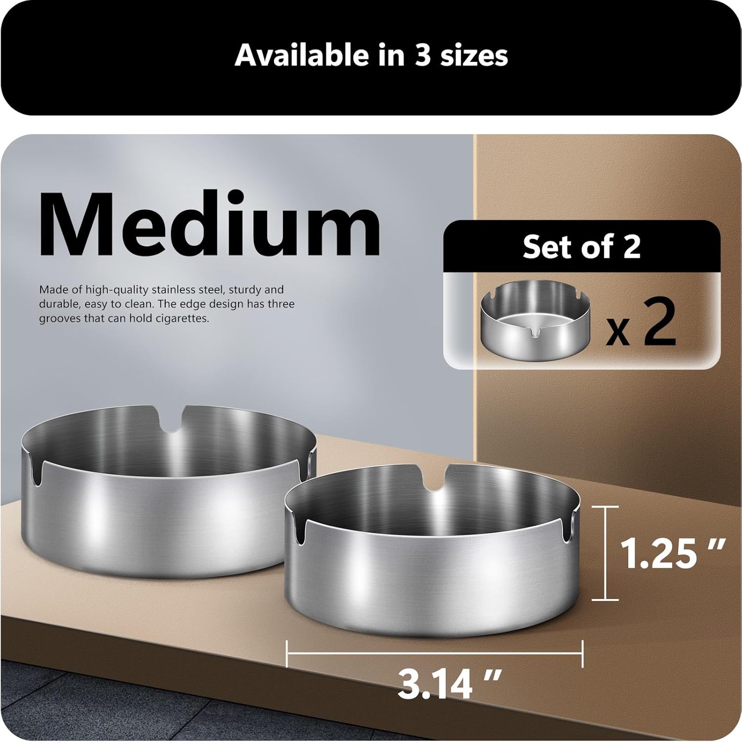 Roygra Outdoor Ashtray Set of 2 Stainless Steel Silver Medium
