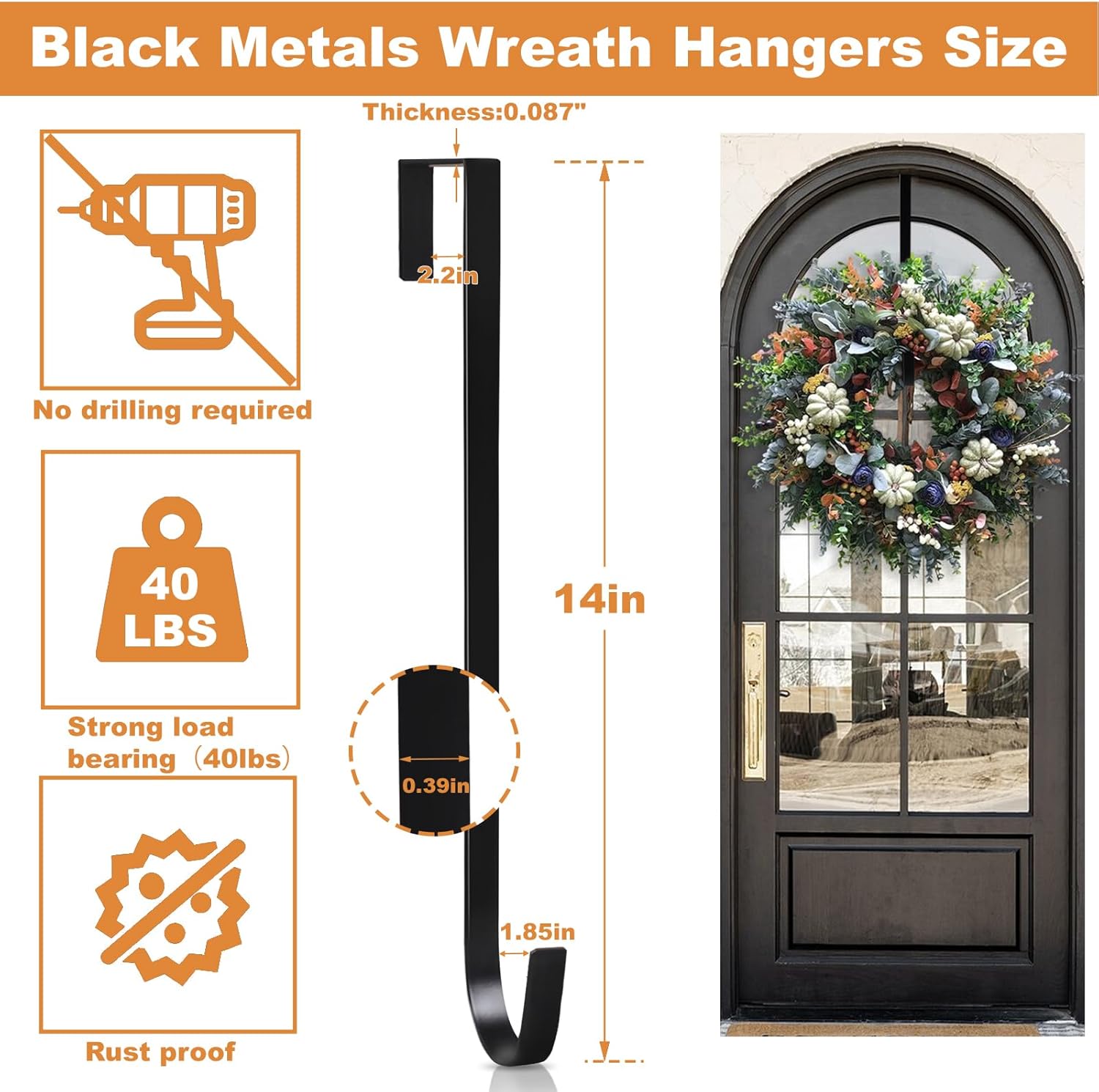 PECULA 2 Pack 14 Inch Wreath Hangers for Front Door