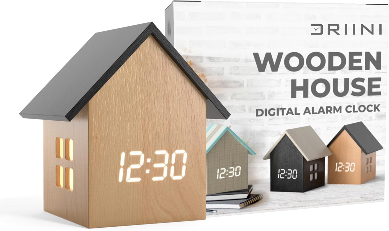 Driini Digital House Alarm Clock with Temperature Display - Light Wood Finish