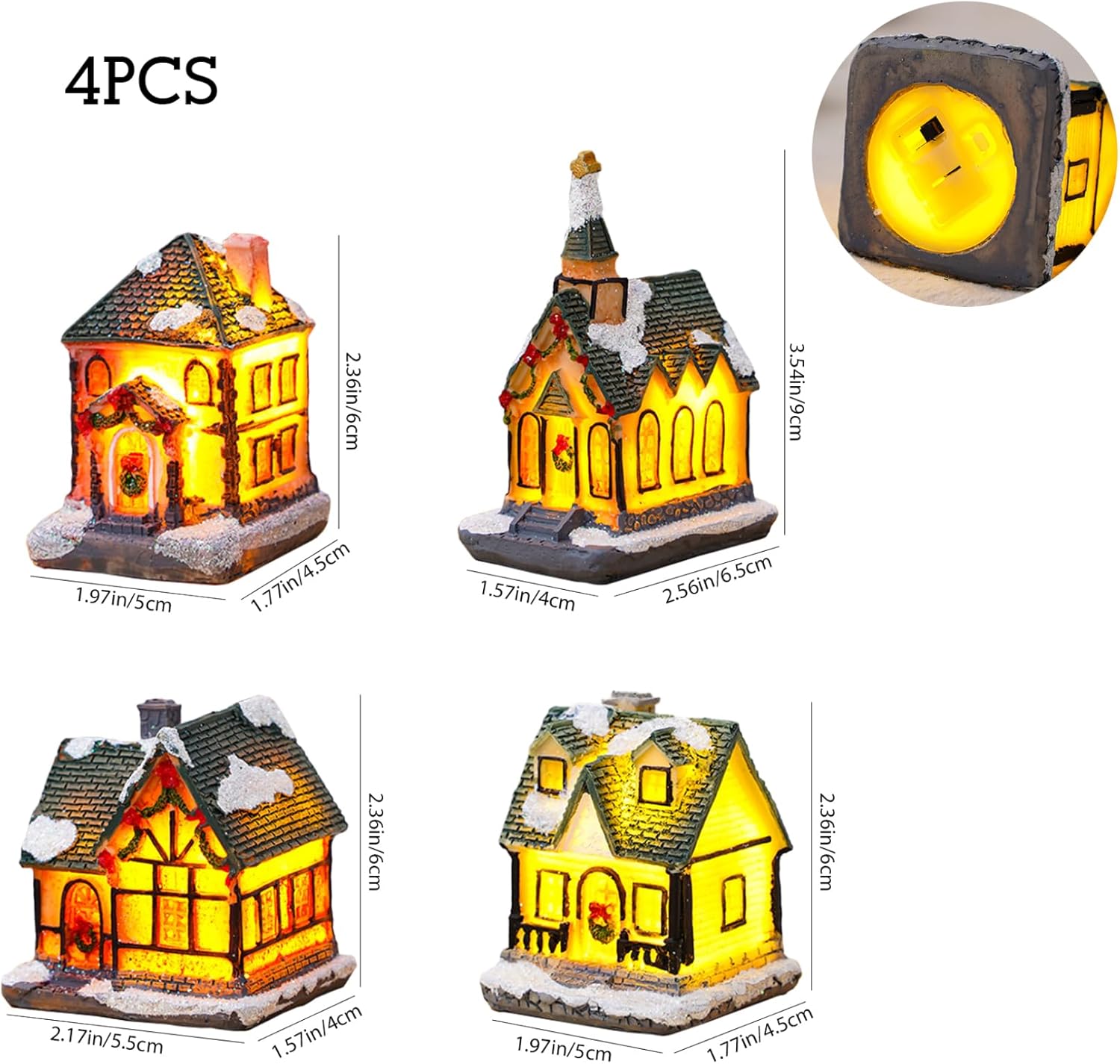 4Pcs Christmas Village Houses Light Up Resin Miniature Decor