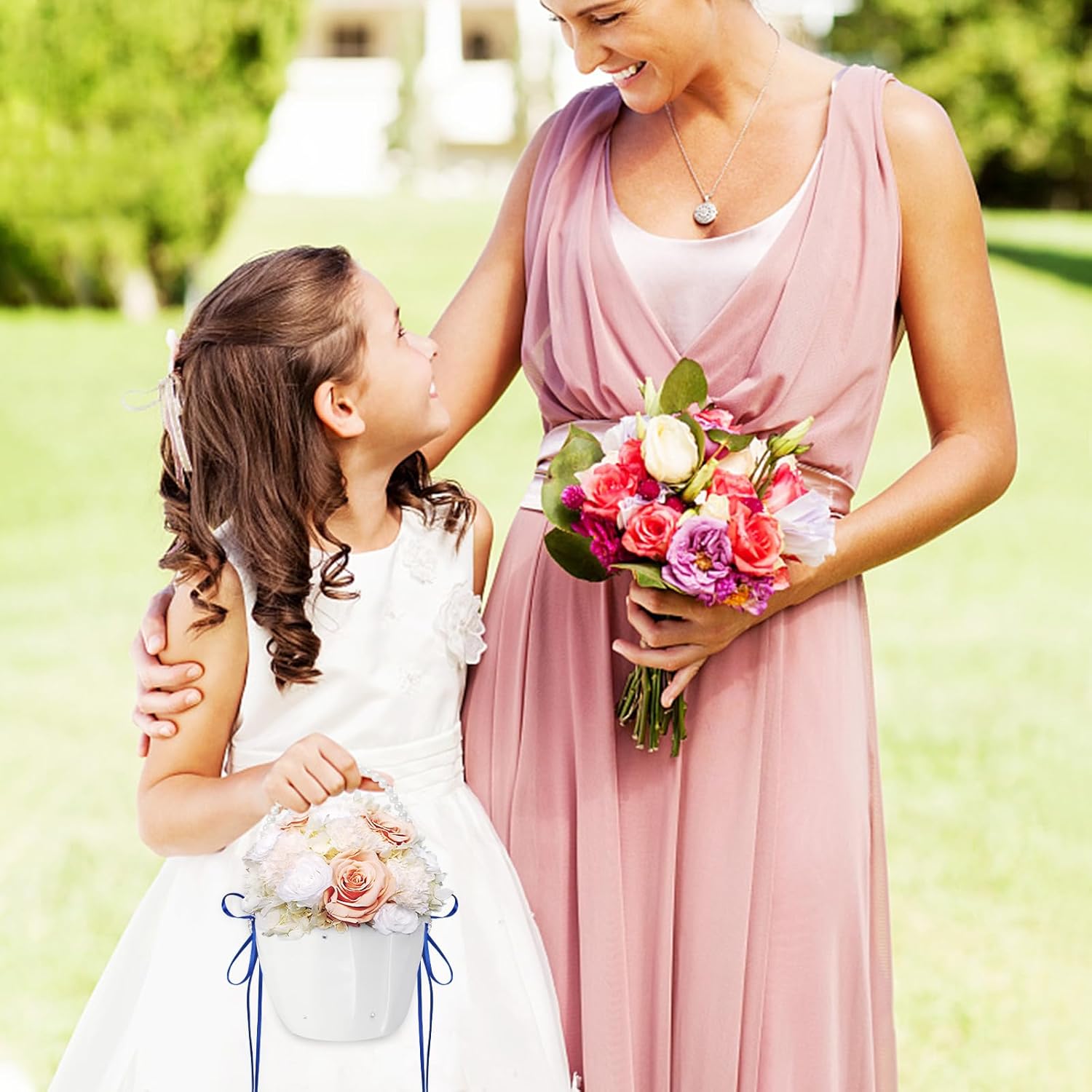 2 Pcs Wedding Flower Girl Baskets with Pearl Handle Bowknot