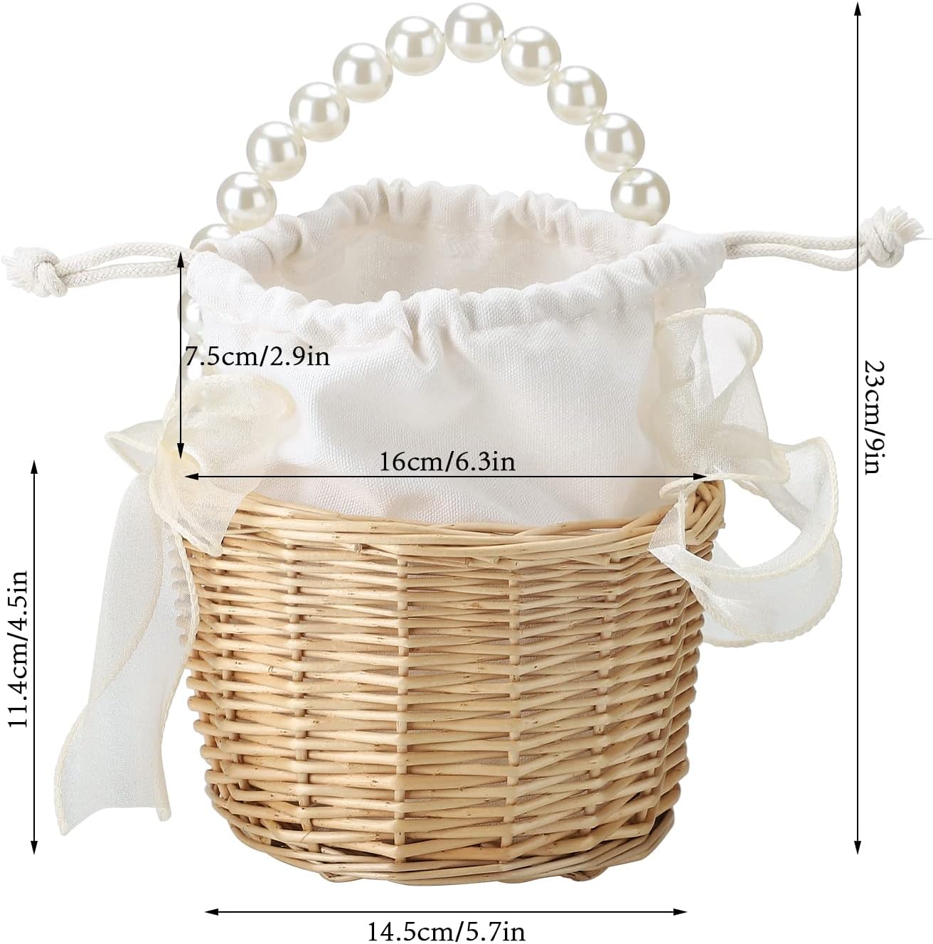 2PCS Wicker Rattan Flower Girl Basket with Pearl Handle