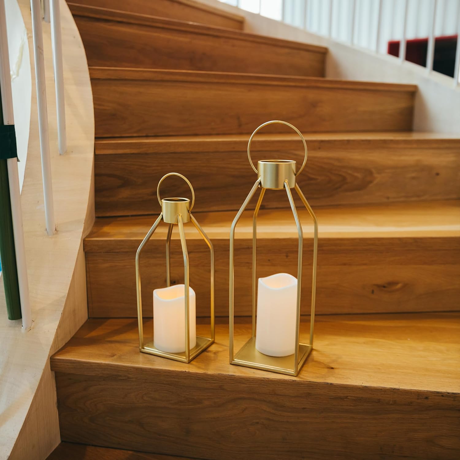 Modern Farmhouse Gold Metal Candle Lanterns with Timer