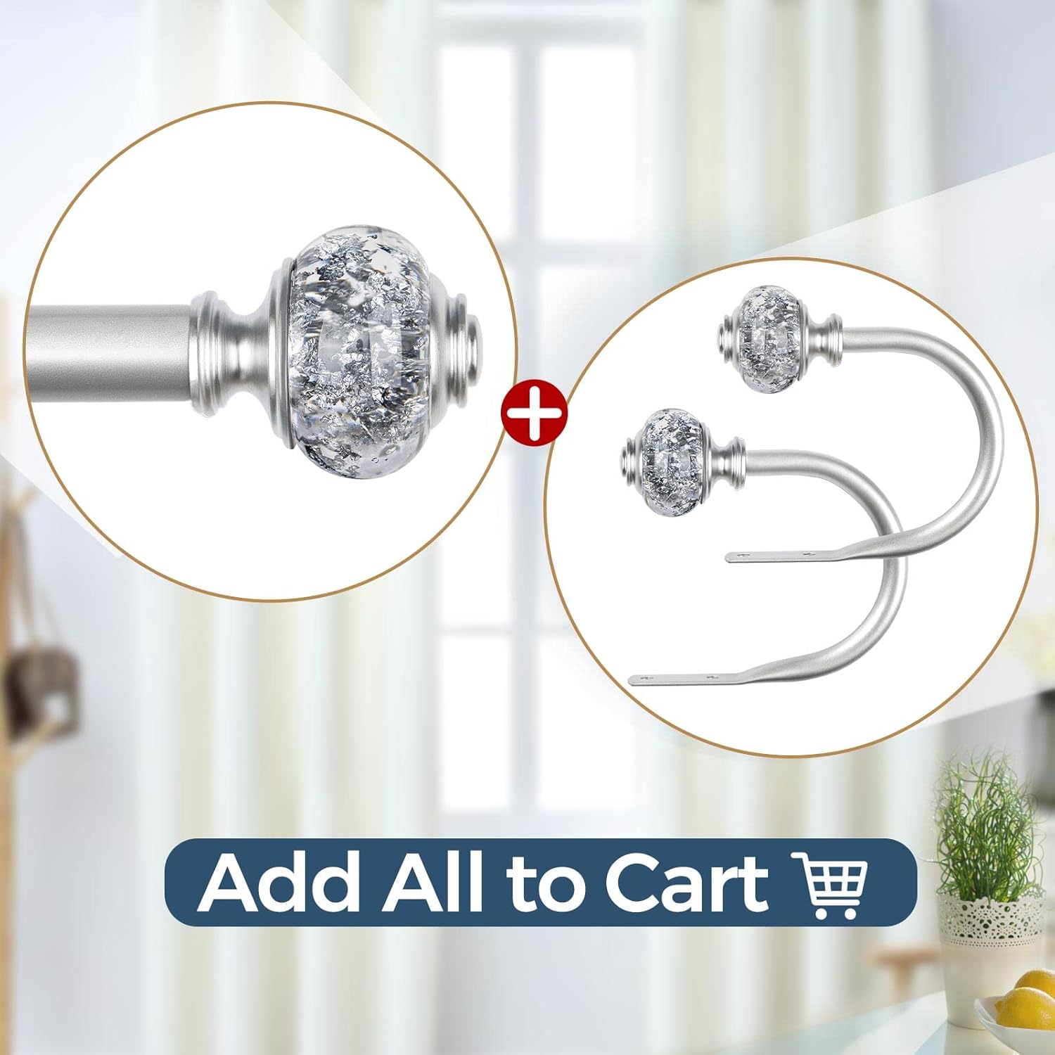 2 Pack Silver Curtain Holdbacks with Crystal Finials