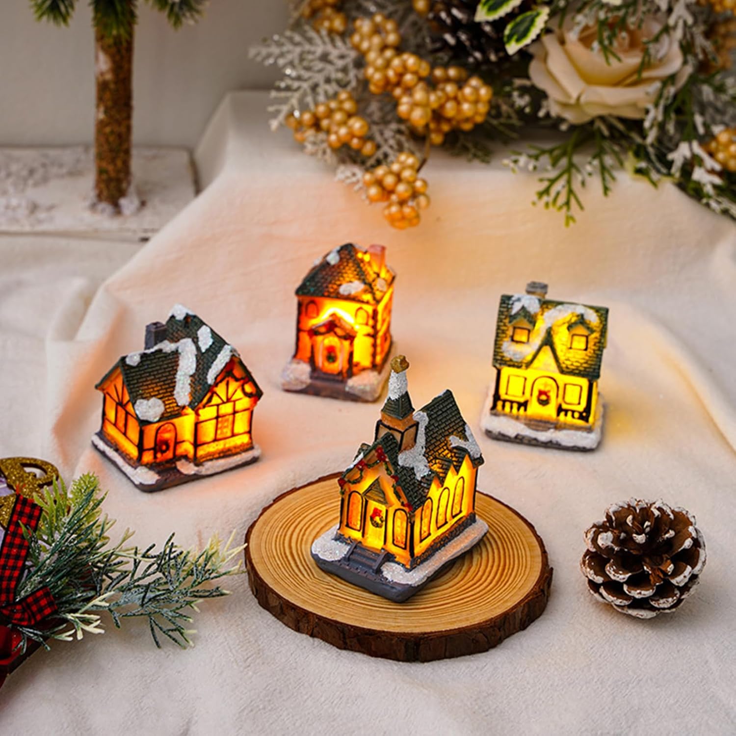 4Pcs Christmas Village Houses Light Up Resin Miniature Decor