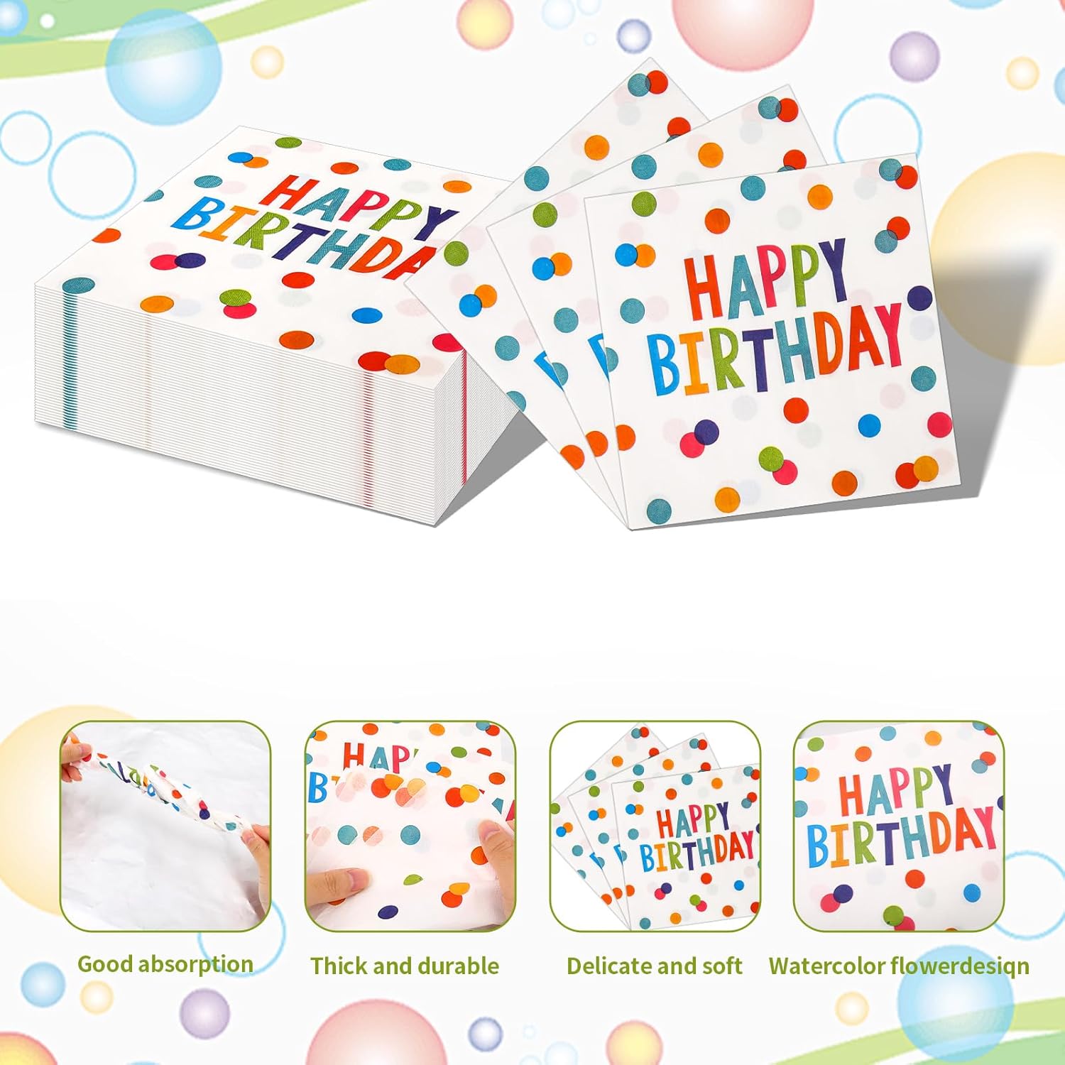 Happy Birthday Polka Dot Napkins 65x65 Inches 50 Pack