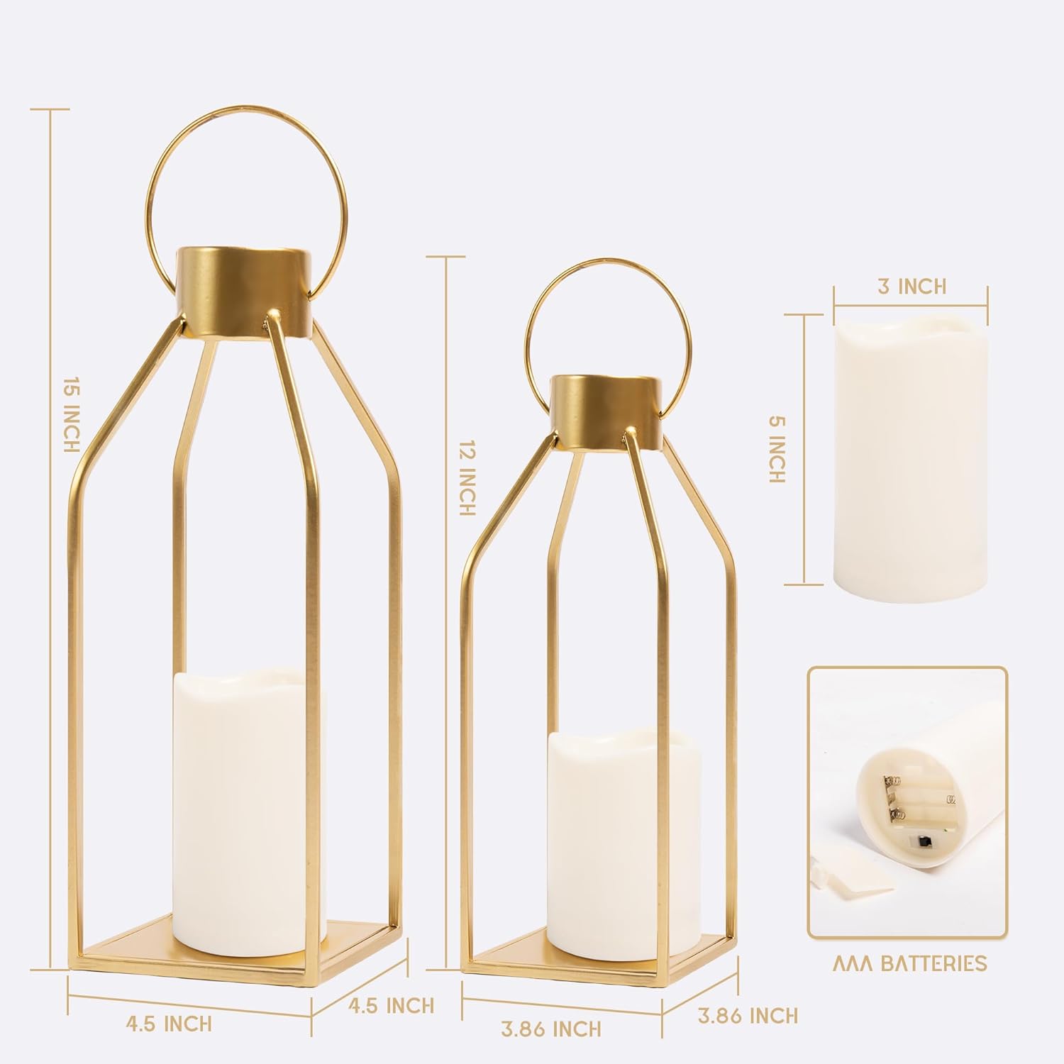 Modern Farmhouse Gold Metal Candle Lanterns with Timer
