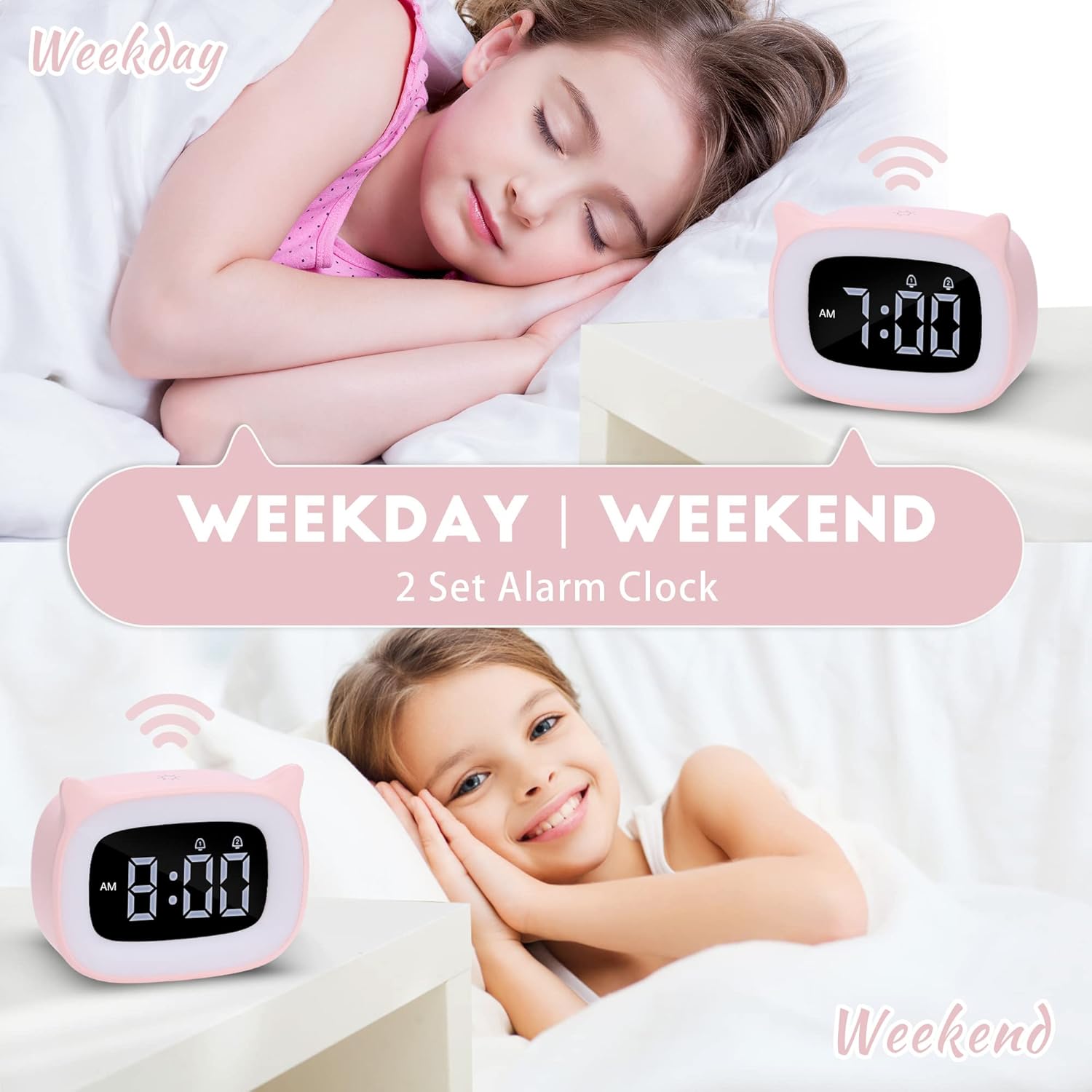 Pink Cat Alarm Clock with Night Light for Kids
