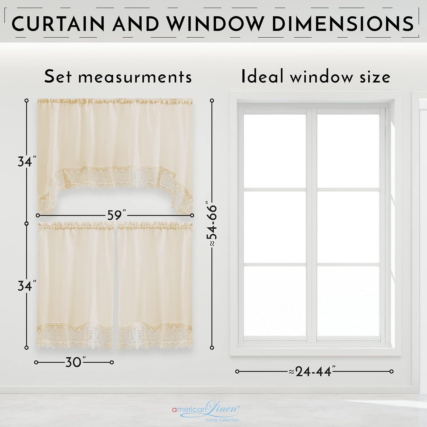 American Linen Caf Curtains with Valance and Lace Border Beige