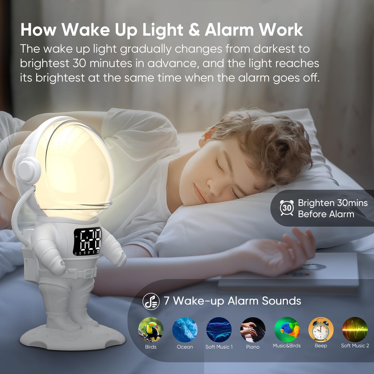 4-in-1 Astronaut Alarm Clock with White Noise and Nightlights