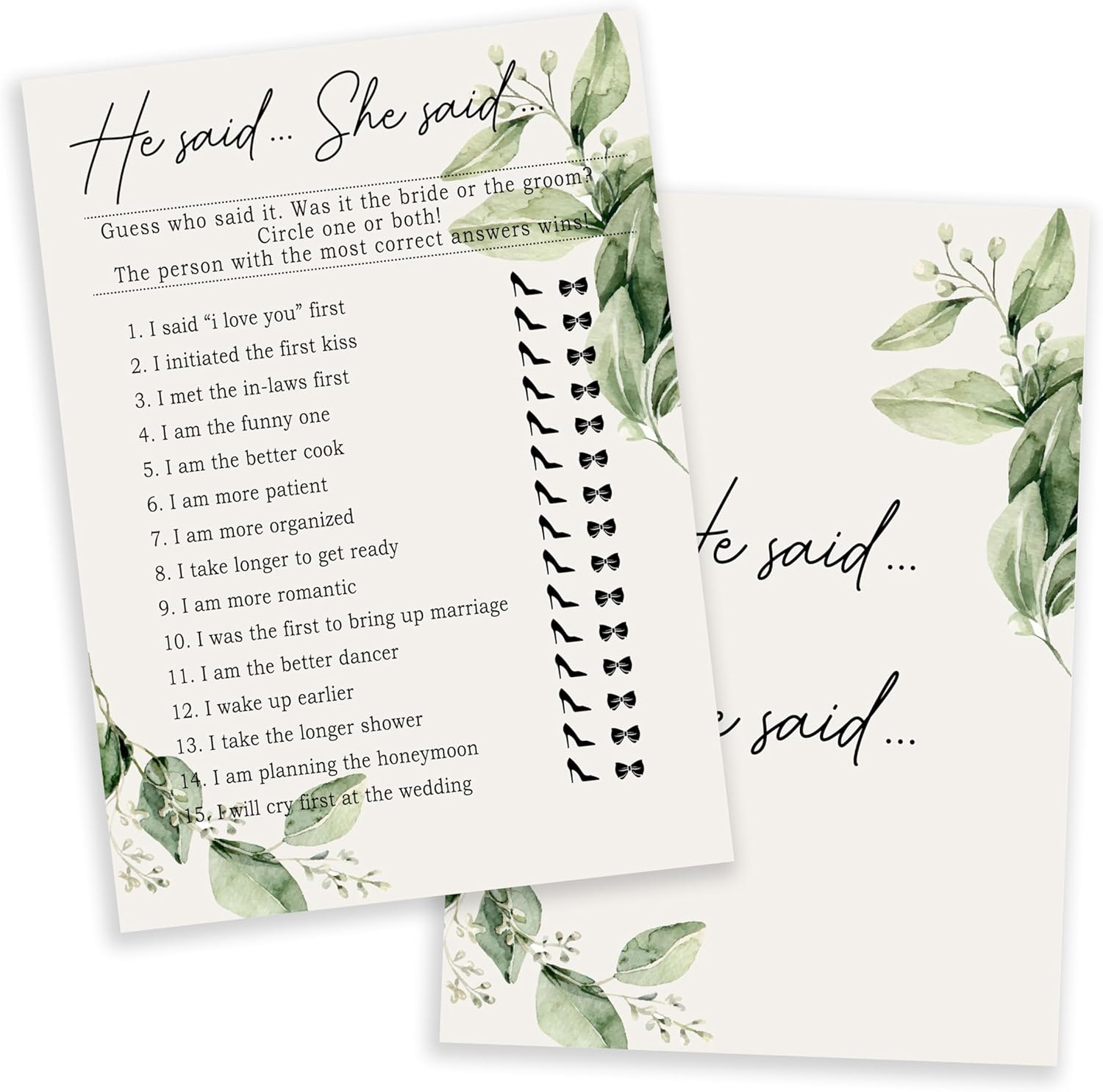 Greenery Bridal Shower Game Cards Set of 25