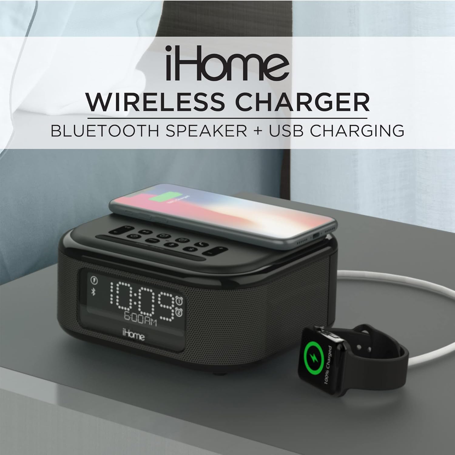 iHome Alarm Clock with Wireless Charging and Bluetooth Speaker