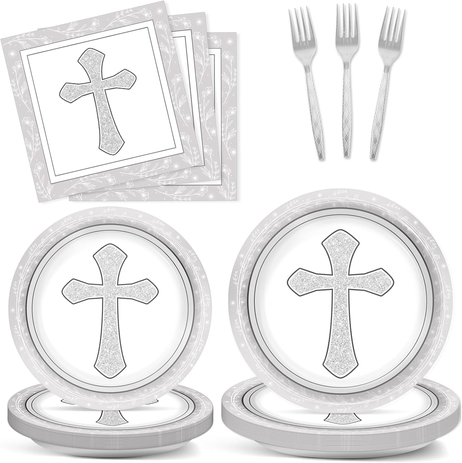 96Pcs Gray Cross Baptism Tableware Set for 24 Guests