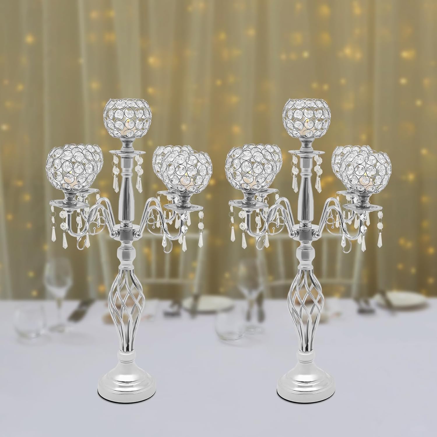 DYNAMI 2Pcs Crystal Candelabra Centerpieces Silver