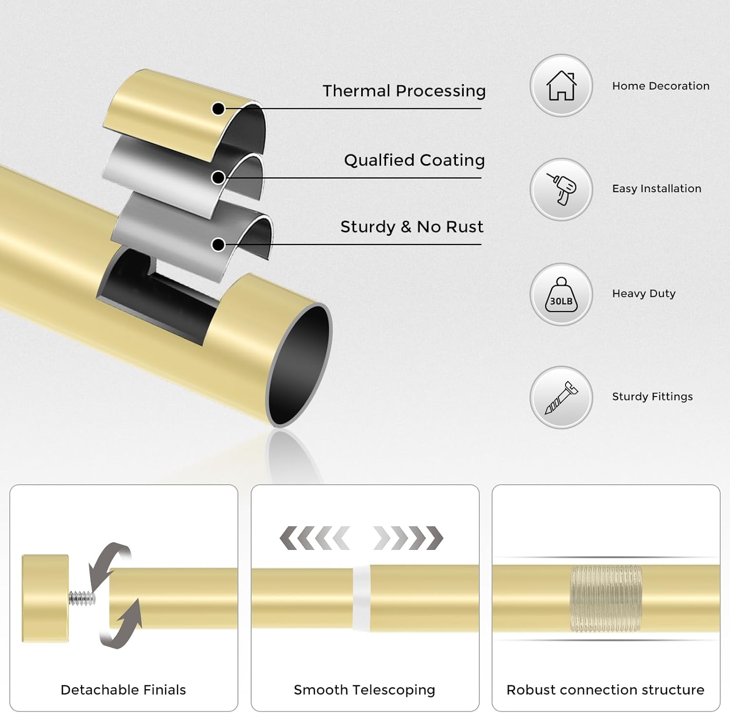 Heavy Duty Brass Curtain Rods 18-45 Inch Adjustable Single Rods
