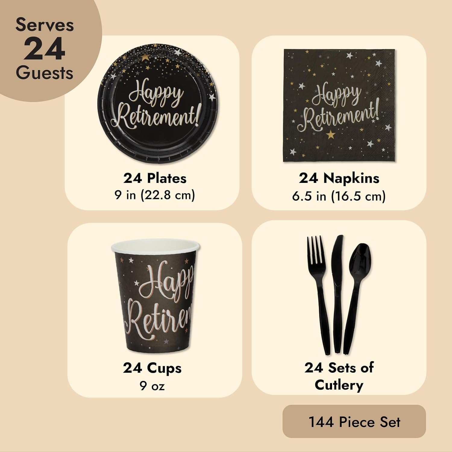 144-Piece Happy Retirement Party Supplies Set