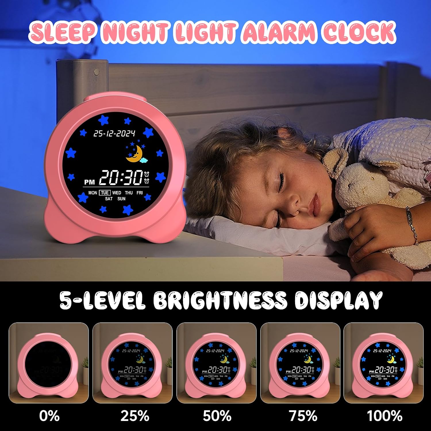 Kids Alarm Clock with Sun Moon LED Display and Sleep Sounds