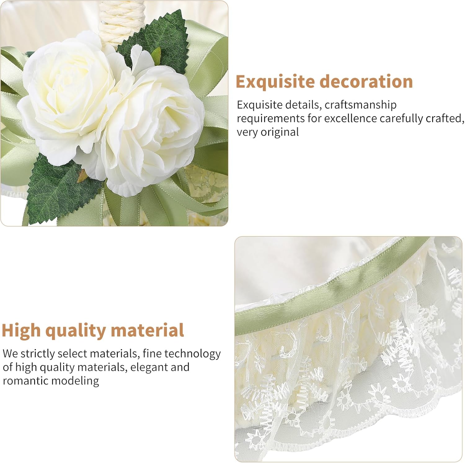 Wedding Flower Girl Basket with Lace and Green Bow