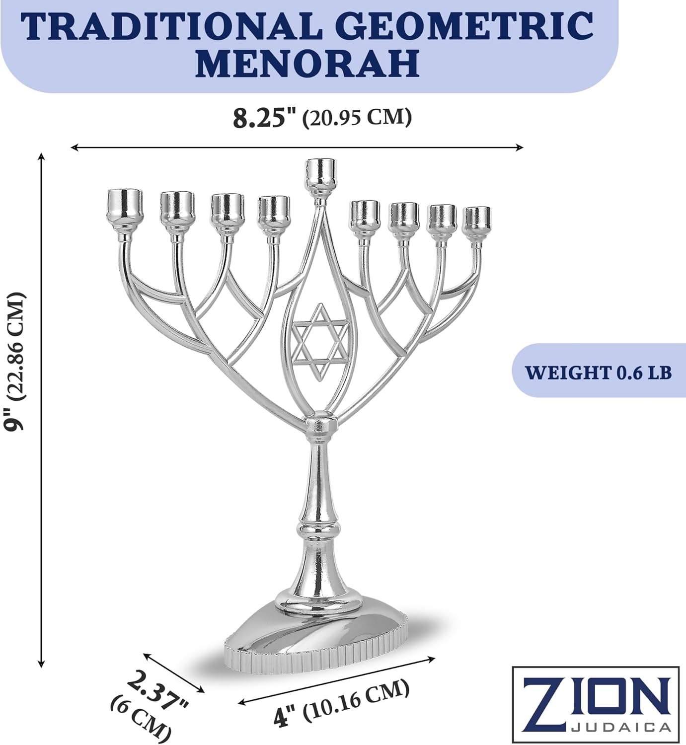 Traditional Classic Geometric Hanukkah Menorah 9 Inch Silver Plated