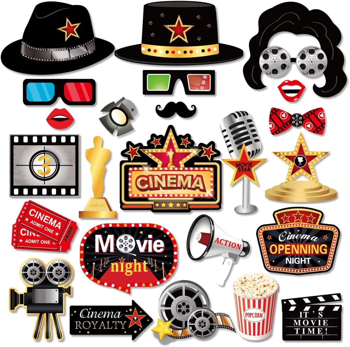 25 Pcs Movie Theme Photo Booth Props with Sticks