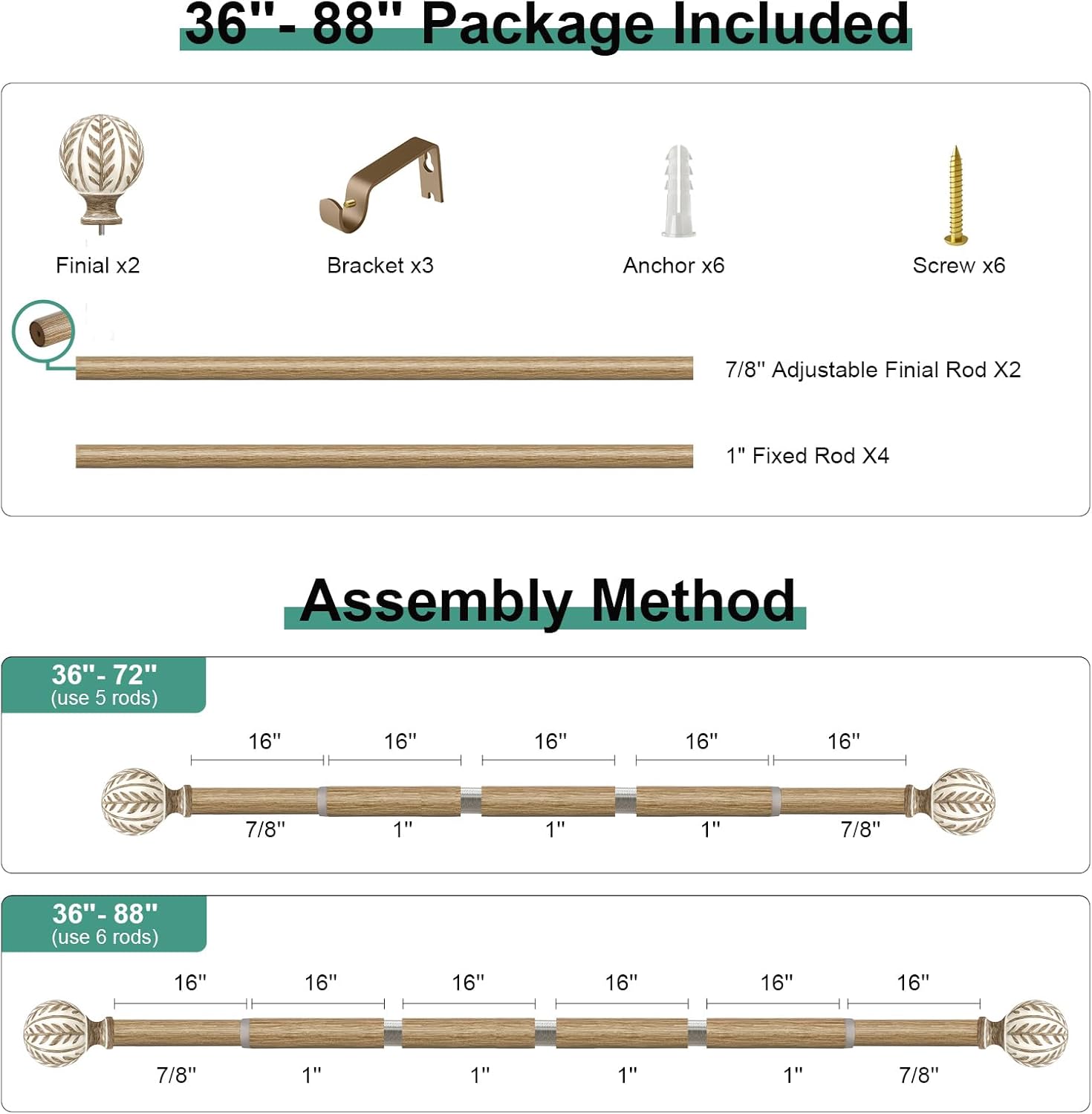 QDWIS Boho Wood Curtain Rods 36-88 Inches