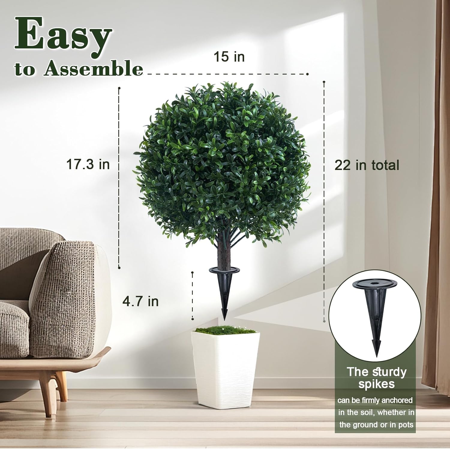 Artificial Boxwood Ball Bush with Spike for Outdoor Set of 2